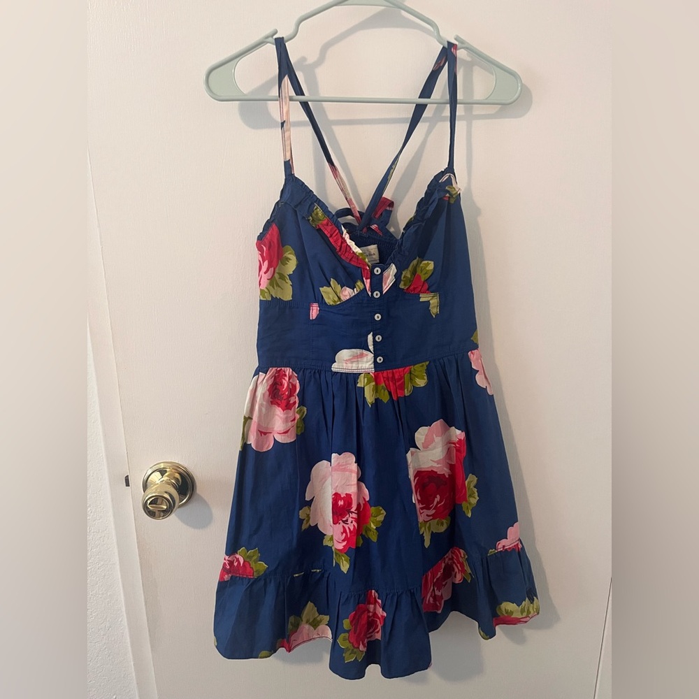 Abercrombie & Fitch Royal Blue Floral Mini Dress Ruffle Hem Buttons Roses Medium